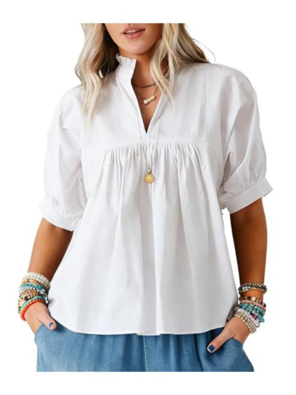 Womens Puff Short Sleeve V Neck Peplum Blouse Babydoll Flowy Casual Top